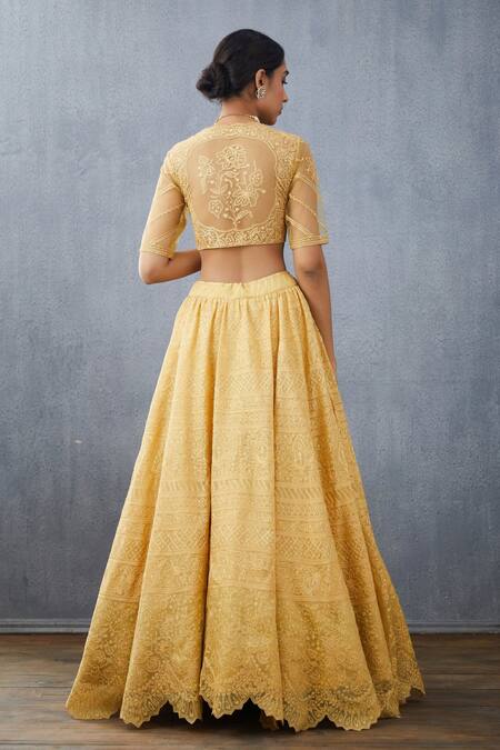Shop Torani Yellow Silk Organza Floral V Neck Sunehra Advaita Bridal Lehenga Set at Aza Fashions Shop_Torani_Yellow Silk Organza Floral V Neck Sunehra Advaita Bridal Lehenga Set_at_Aza_Fashions