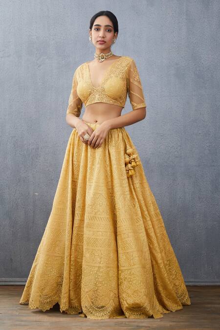 Torani Yellow Silk Organza Floral V Neck Sunehra Advaita Bridal Lehenga Set Online at Aza Fashions Torani_Yellow Silk Organza Floral V Neck Sunehra Advaita Bridal Lehenga Set_Online_at_Aza_Fashions