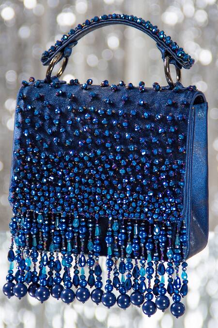 House Of Vian Blue Beads, Pearls Embellished Satin Clutch With Sling 