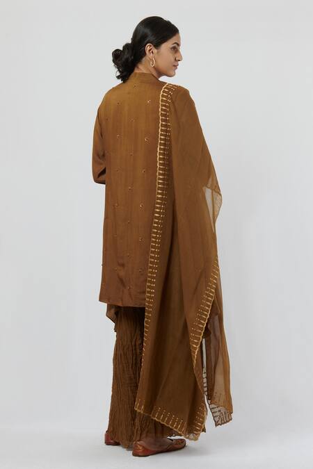 Shop_Brij_Gold Spun Silk Embroidery Mandarin Collar Kurta Set _at_Aza_Fashions
