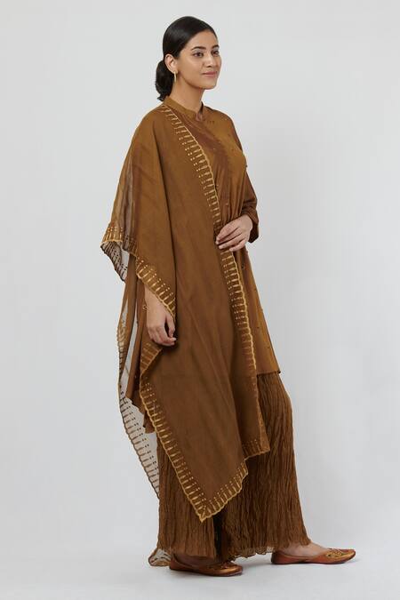 Brij_Gold Spun Silk Embroidery Mandarin Collar Kurta Set _Online_at_Aza_Fashions