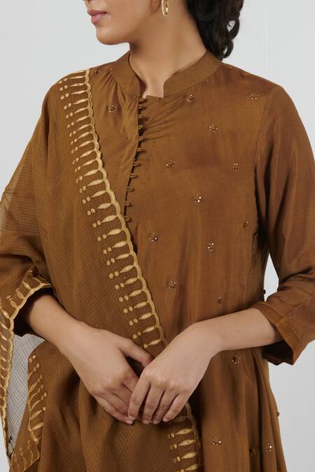 Buy_Brij_Gold Spun Silk Embroidery Mandarin Collar Kurta Set _Online_at_Aza_Fashions
