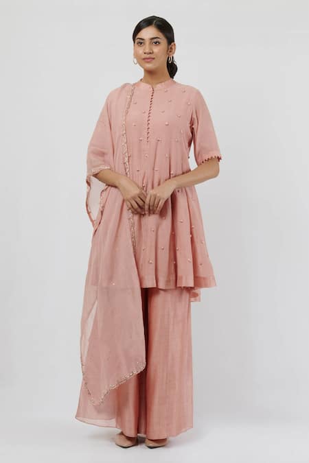 Brij Pink Spun Silk Embroidery Mandarin Collar Kalidar Kurta Set 