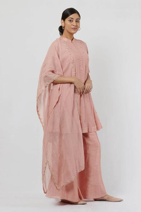 Brij_Pink Spun Silk, Kota Cotton, Zari Chanderi Embroidered Kalidar Kurta Set_Online_at_Aza_Fashions