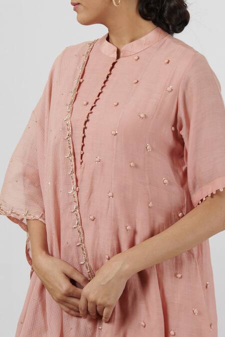 Shop_Brij_Pink Spun Silk, Kota Cotton, Zari Chanderi Embroidered Kalidar Kurta Set_Online_at_Aza_Fashions