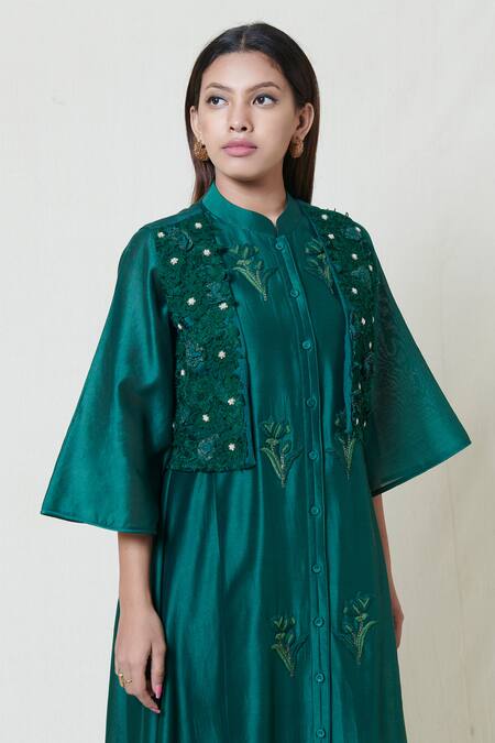 Brij Green Chanderi Kurta Band Collar Embroidered Silk Pant Set With Jacket Online at Aza Fashions Brij_Green Chanderi Kurta Band Collar Embroidered Silk Pant Set With Jacket _Online_at_Aza_Fashions
