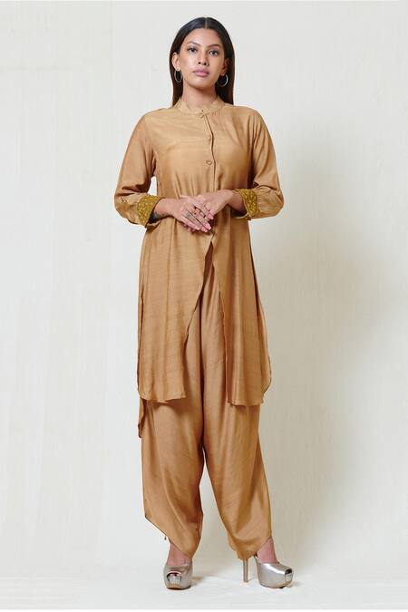 Brij Gold Spun Silk Band Collar Kurta Dhoti Pant Set Online at Aza Fashions Brij_Gold Spun Silk Band Collar Kurta Dhoti Pant Set _Online_at_Aza_Fashions