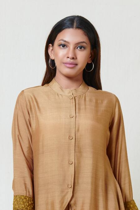 Buy Brij Gold Spun Silk Band Collar Kurta Dhoti Pant Set Online at Aza Fashions Buy_Brij_Gold Spun Silk Band Collar Kurta Dhoti Pant Set _Online_at_Aza_Fashions