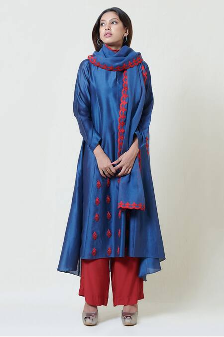Brij Blue Chanderi Silk Kurta Pant Set Online at Aza Fashions Brij_Blue Chanderi Silk Kurta Pant Set _Online_at_Aza_Fashions