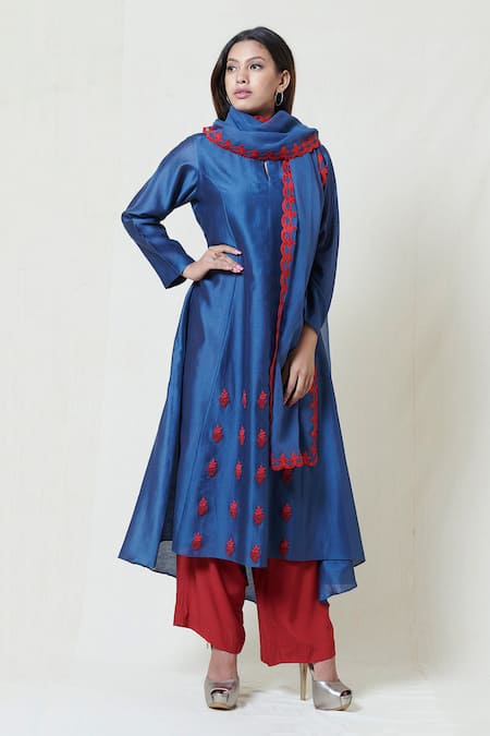 Brij Blue Chanderi Silk Kurta Pant Set 