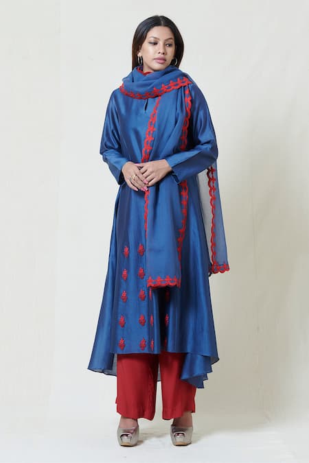 Shop Brij Blue Chanderi Silk Kurta Pant Set at Aza Fashions Shop_Brij_Blue Chanderi Silk Kurta Pant Set _at_Aza_Fashions