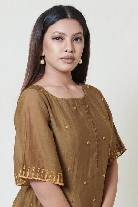 Shop_Brij_Gold Kora Chanderi Boat Kurta Palazzo Set _Online_at_Aza_Fashions