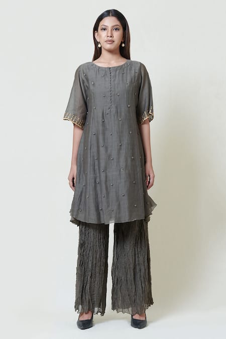 Shop_Brij_Grey Kora Chanderi Boat Kurta Palazzo Set _at_Aza_Fashions