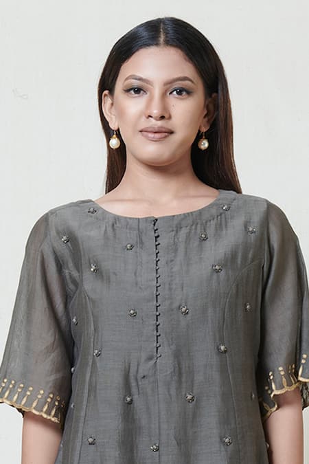 Shop_Brij_Grey Kora Chanderi Boat Kurta Palazzo Set _Online_at_Aza_Fashions