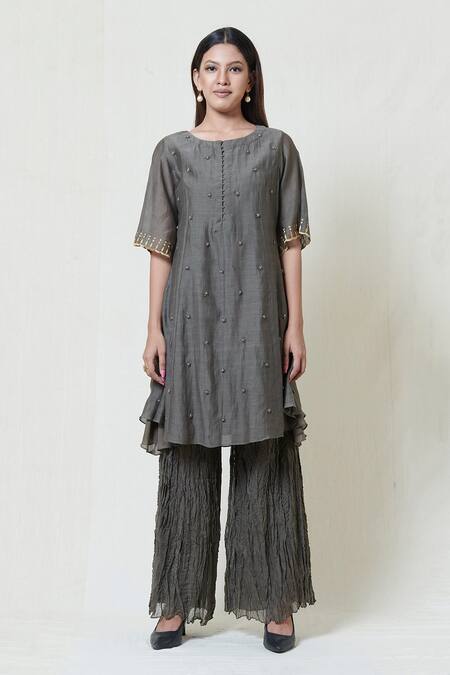 Brij_Grey Kora Chanderi Boat Kurta Palazzo Set _Online_at_Aza_Fashions