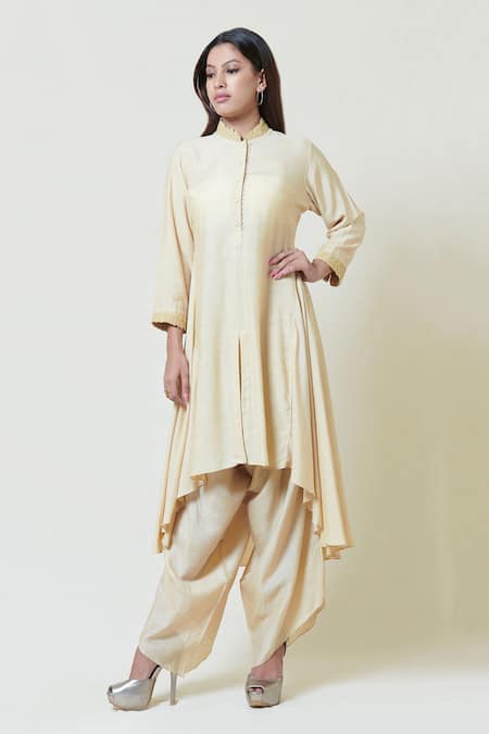 Brij Beige Spun Silk Band Collar Kurta Dhoti Pant Set Online at Aza Fashions Brij_Beige Spun Silk Band Collar Kurta Dhoti Pant Set _Online_at_Aza_Fashions
