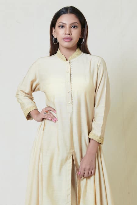 Buy Brij Beige Spun Silk Band Collar Kurta Dhoti Pant Set Online at Aza Fashions Buy_Brij_Beige Spun Silk Band Collar Kurta Dhoti Pant Set _Online_at_Aza_Fashions