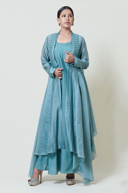 Brij Blue Gold Zari Checks Chanderi, Spin Silk Inner Dress Checkered Jacket With Online at Aza Fashions Brij_Blue Gold Zari Checks Chanderi, Spin Silk Inner Dress Checkered Jacket With _Online_at_Aza_Fashions