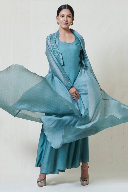 Buy Brij Blue Gold Zari Checks Chanderi, Spin Silk Inner Dress Checkered Jacket With Online at Aza Fashions Buy_Brij_Blue Gold Zari Checks Chanderi, Spin Silk Inner Dress Checkered Jacket With _Online_at_Aza_Fashions