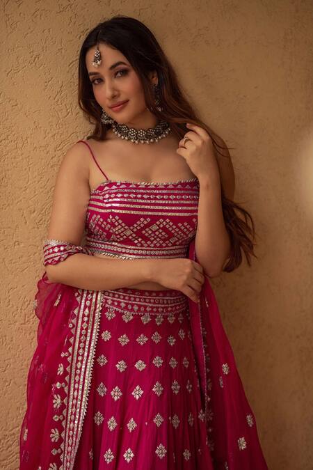 Gopi Vaid_Pink Cotton Silk Jacket Organza Square Neck Chand And Lehenga Set_Online_at_Aza_Fashions