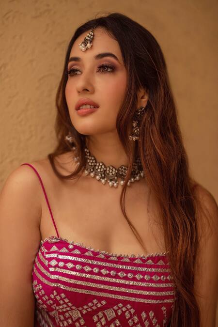 Buy_Gopi Vaid_Pink Cotton Silk Jacket Organza Square Neck Chand And Lehenga Set_Online_at_Aza_Fashions