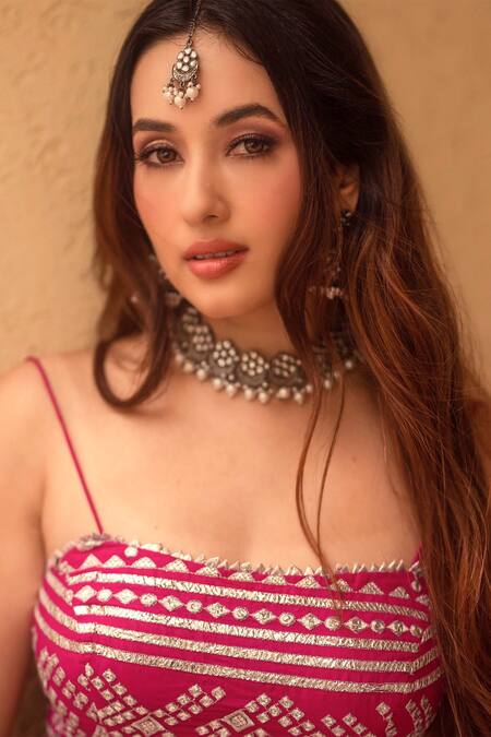 Shop_Gopi Vaid_Pink Cotton Silk Jacket Organza Square Neck Chand And Lehenga Set_Online_at_Aza_Fashions