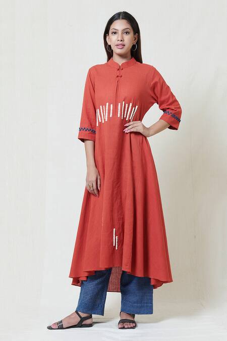 Brij_Red Handloom Cotton Band Collar Kurta _Online_at_Aza_Fashions