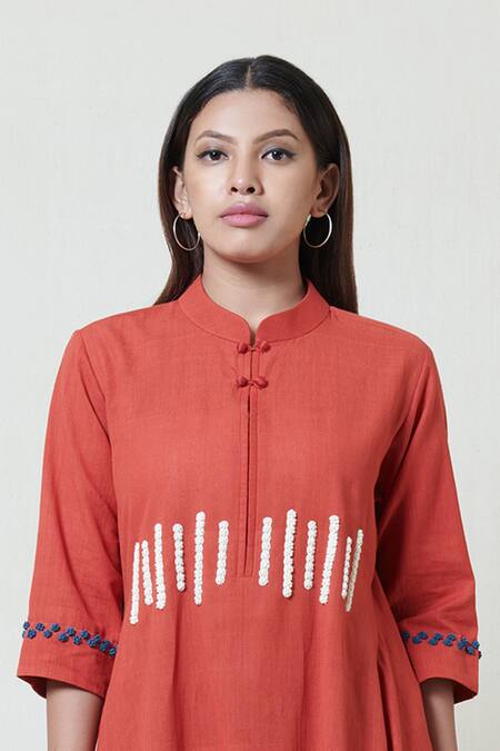 Buy_Brij_Red Handloom Cotton Band Collar Kurta _Online_at_Aza_Fashions