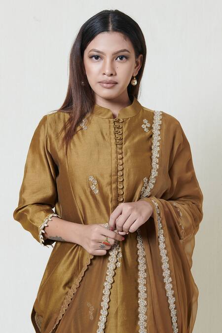 Shop Brij Gold Chanderi Band Collar Embroidered Kurta Palazzo Set at Aza Fashions Shop_Brij_Gold Chanderi Band Collar Embroidered Kurta Palazzo Set _at_Aza_Fashions