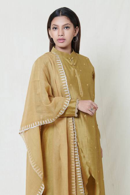 Buy Brij Gold Chanderi Band Collar Embroidered Kurta Pant Set Online at Aza Fashions Buy_Brij_Gold Chanderi Band Collar Embroidered Kurta Pant Set _Online_at_Aza_Fashions