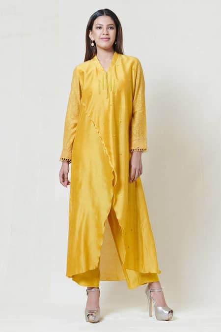 Brij Yellow Chanderi Band Collar Embroidered Kurta Pant Set 