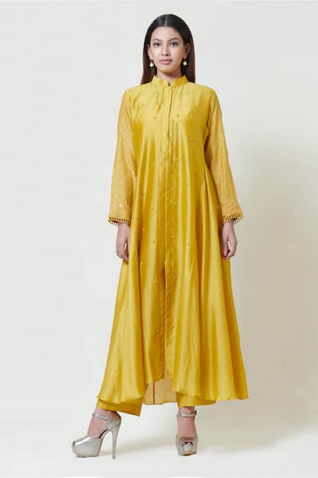 Brij Yellow Chanderi Band Collar Embroidered Kurta Pant Set 