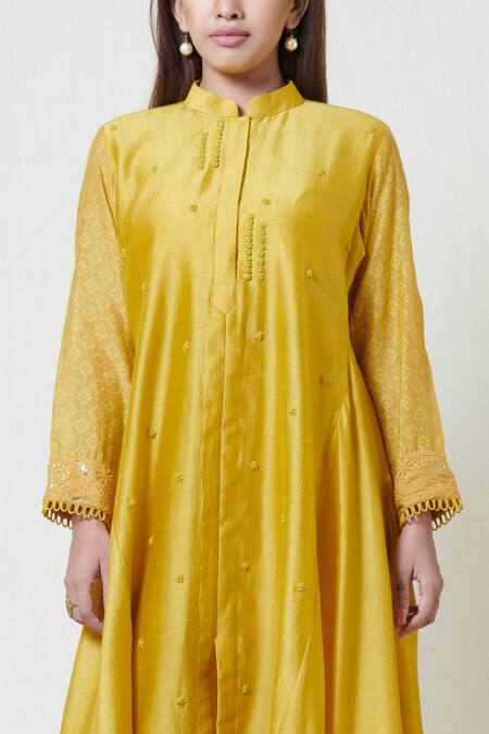 Buy_Brij_Yellow Chanderi Band Collar Embroidered Kurta Pant Set _Online_at_Aza_Fashions