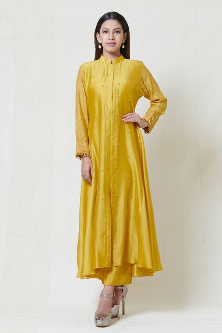 Brij_Yellow Chanderi Band Collar Embroidered Kurta Pant Set _Online_at_Aza_Fashions