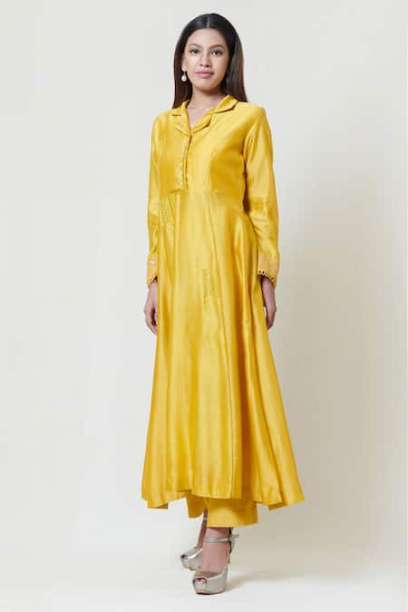 Shop Brij Yellow Chanderi Straight Collar Embroidered Kurta Pant Set at Aza Fashions Shop_Brij_Yellow Chanderi Straight Collar Embroidered Kurta Pant Set _at_Aza_Fashions