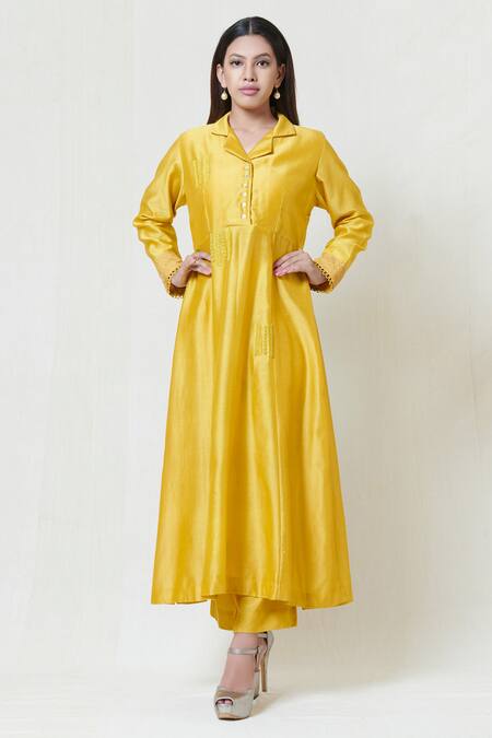 Brij Yellow Chanderi Straight Collar Embroidered Kurta Pant Set Online at Aza Fashions Brij_Yellow Chanderi Straight Collar Embroidered Kurta Pant Set _Online_at_Aza_Fashions