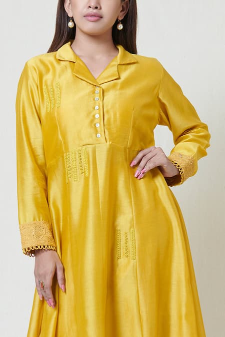 Buy Brij Yellow Chanderi Straight Collar Embroidered Kurta Pant Set Online at Aza Fashions Buy_Brij_Yellow Chanderi Straight Collar Embroidered Kurta Pant Set _Online_at_Aza_Fashions