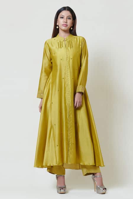 Shop Brij Green Chanderi, Spun Silk Band Collar Embroidered Kurta Pant Set at Aza Fashions Shop_Brij_Green Chanderi, Spun Silk Band Collar Embroidered Kurta Pant Set _at_Aza_Fashions
