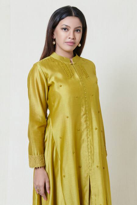 Buy Brij Green Chanderi, Spun Silk Band Collar Embroidered Kurta Pant Set Online at Aza Fashions Buy_Brij_Green Chanderi, Spun Silk Band Collar Embroidered Kurta Pant Set _Online_at_Aza_Fashions