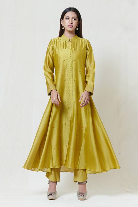 Brij Green Chanderi, Spun Silk Band Collar Embroidered Kurta Pant Set Online at Aza Fashions Brij_Green Chanderi, Spun Silk Band Collar Embroidered Kurta Pant Set _Online_at_Aza_Fashions