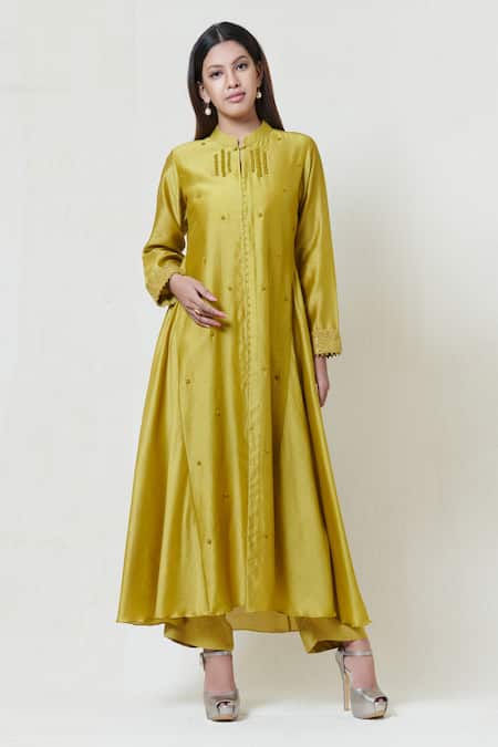 Brij Green Chanderi, Spun Silk Band Collar Embroidered Kurta Pant Set 