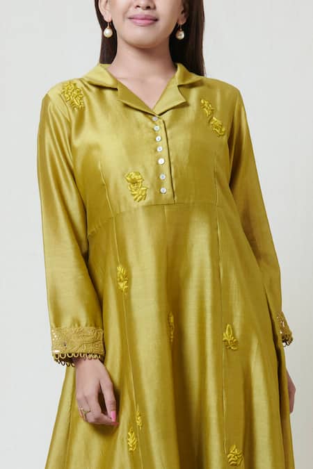 Buy Brij Green Chanderi Straight Collar Embroidered Kurta Pant Set Online at Aza Fashions Buy_Brij_Green Chanderi Straight Collar Embroidered Kurta Pant Set _Online_at_Aza_Fashions
