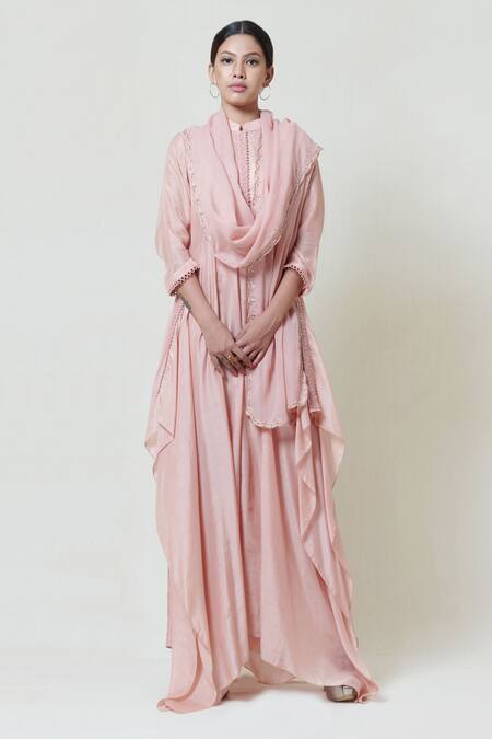 Shop Brij Pink Mull Silk Band Collar Kurta Pant Set at Aza Fashions Shop_Brij_Pink Mull Silk Band Collar Kurta Pant Set _at_Aza_Fashions