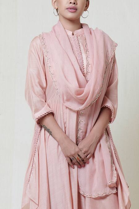 Buy Brij Pink Mull Silk Band Collar Kurta Pant Set Online at Aza Fashions Buy_Brij_Pink Mull Silk Band Collar Kurta Pant Set _Online_at_Aza_Fashions