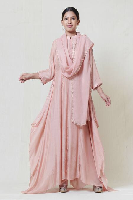 Brij Pink Mull Silk Band Collar Kurta Pant Set Online at Aza Fashions Brij_Pink Mull Silk Band Collar Kurta Pant Set _Online_at_Aza_Fashions