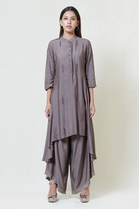 Brij_Grey Spun Silk Band Collar Embroidered Kurta Palazzo Set _Online_at_Aza_Fashions