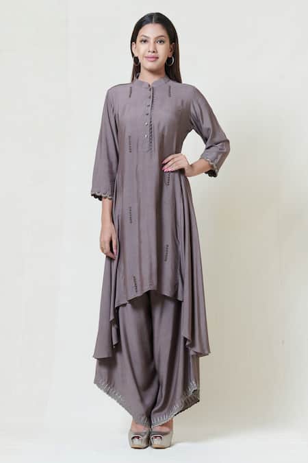Shop_Brij_Grey Spun Silk Band Collar Embroidered Kurta Palazzo Set _at_Aza_Fashions
