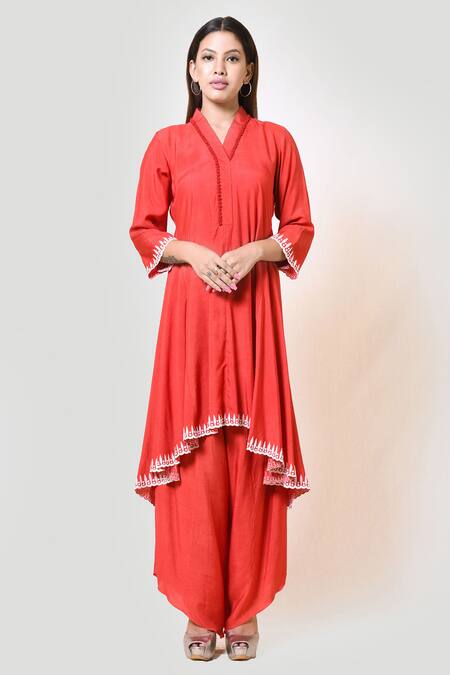 Brij Red Spun Silk V Neck Kurta Palazzo Set 