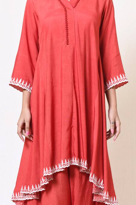 Brij_Red Spun Silk V Neck Kurta Palazzo Set _Online_at_Aza_Fashions