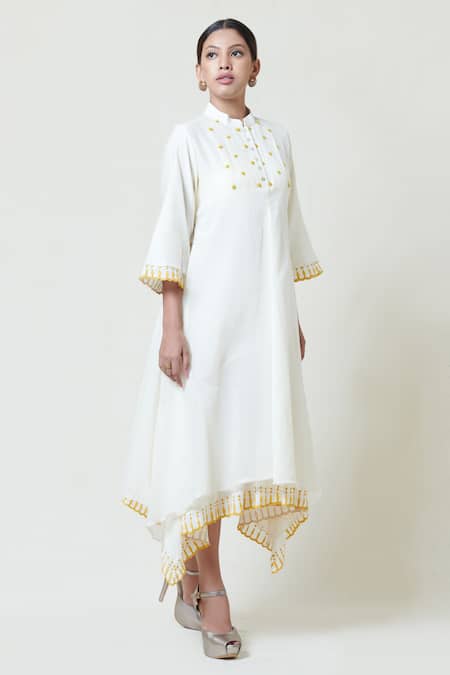 Shop Brij White Kora Chanderi, Mulmul Band Collar Embroidered Midi Dress at Aza Fashions Shop_Brij_White Kora Chanderi, Mulmul Band Collar Embroidered Midi Dress _at_Aza_Fashions
